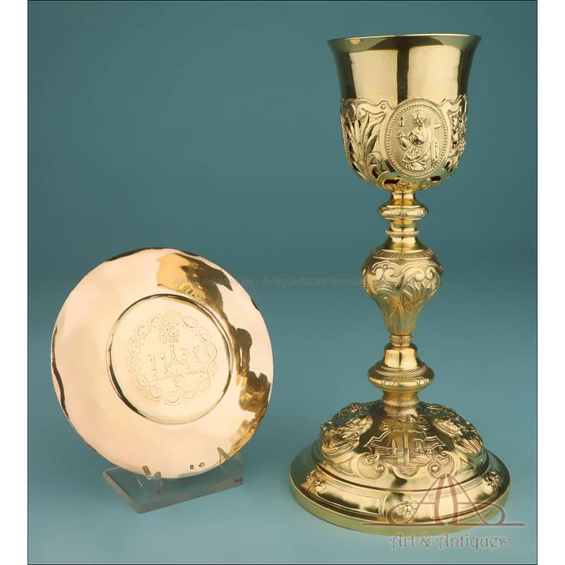 Antique Gilt-Silver Chalice and Paten Set. 100% Silver. France, Circa 1900