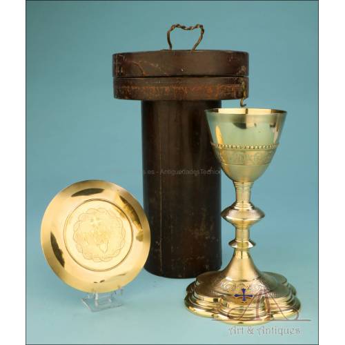 Antique Solid Silver Chalice with Papal Symbols. Storing Case. France, 19th Century