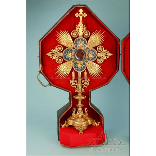 Antique Gilt-Silver Monstrance. Enamels and Rubies. 31 inches. France, 19th Cent.