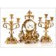 Antique Bronze Mantel Clock and Candelabra Set. Japy Freres. France, Circa 1900