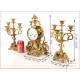 Antique Bronze Mantel Clock and Candelabra Set. Japy Freres. France, Circa 1900