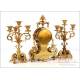 Antique Bronze Mantel Clock and Candelabra Set. Japy Freres. France, Circa 1900