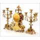 Antique Bronze Mantel Clock and Candelabra Set. Japy Freres. France, Circa 1900