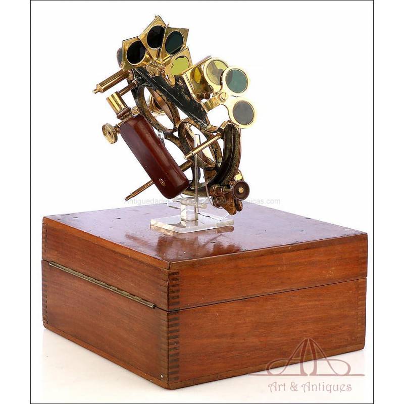 4 Small Polished Brass Sextant and Wooden Box