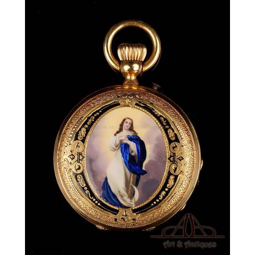 Reloj de Bolsillo Antiguo. Esmalte de la Virgen Inmaculada de Soult. Suiza, Circa 1880