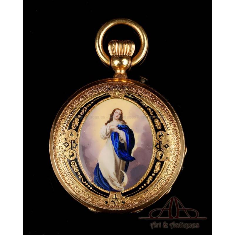 Reloj de Bolsillo Antiguo. Esmalte de la Virgen Inmaculada de Soult. Suiza, Circa 1880