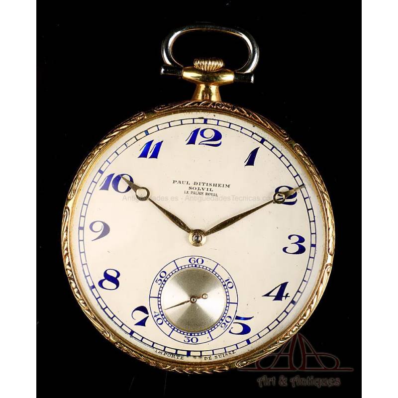 Precioso Reloj de Bolsillo Antiguo Ultrafino Paul Ditisheim. Oro 18K. Suiza, Circa 1925