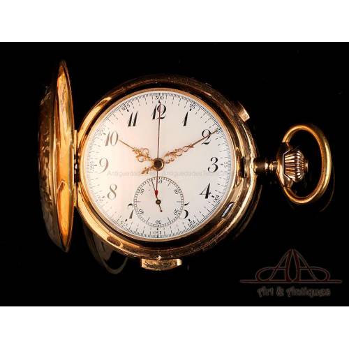 Reloj de Bolsillo Antiguo Invicta. Sonería a Minutos y Crono. Oro 18K. Suiza, Circa 1900