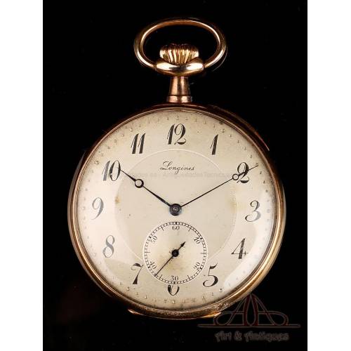 Antiguo Reloj de Bolsillo Longines. Oro de 18K. Suiza, Circa 1930