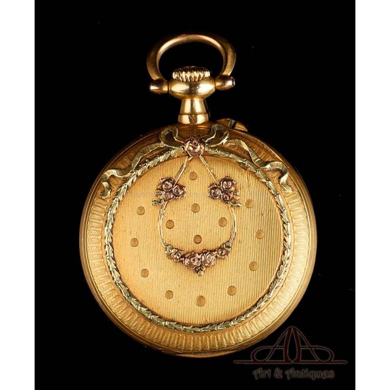 Antiguo Reloj de Bolsillo Para Señora en Oro de 18K de 3 colores. Francia, Circa 1900