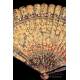 Antique Chinese Fan in Decorated Lacquered Wood. Gilded Chineries. XIX Century