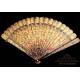Antique Chinese Fan in Decorated Lacquered Wood. Gilded Chineries. XIX Century