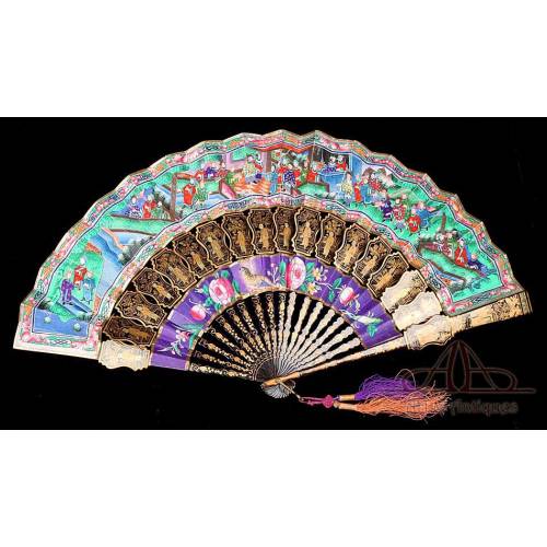 Antique Chinese Fan with lacquered rods and gold plated fittings. XIX CENTURY