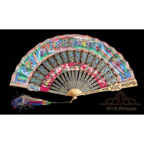 Antique Chinese Fan with Thousand Faces. Silver Gilded Rods and Enamels. S. XIX