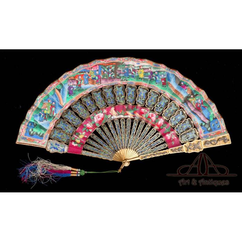 Antique Chinese Fan with Thousand Faces. Silver Gilded Rods and Enamels. S. XIX