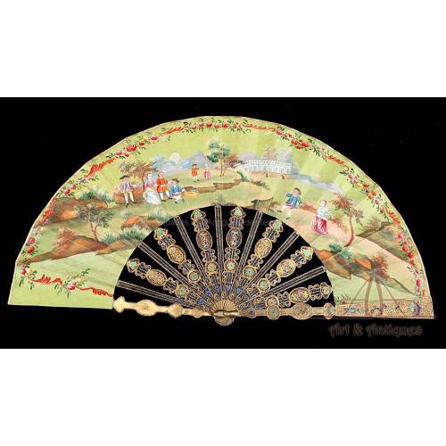 Antique Chinese Fan for Europe with Silver Rods and Enamels. S. XIX