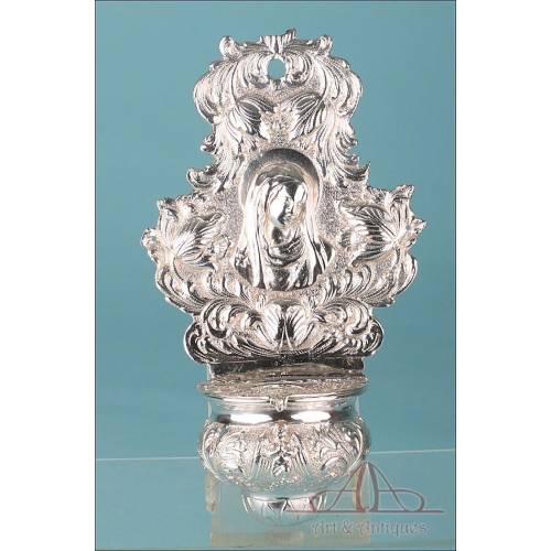 Antique Silver Holly Water Font with Virgin Mary. Germany, Circa 1800