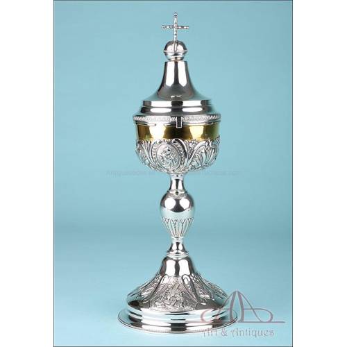 Big-Sized Antique Silver Ciborium with Scenes. 16 in. Belgium, 1831-1868