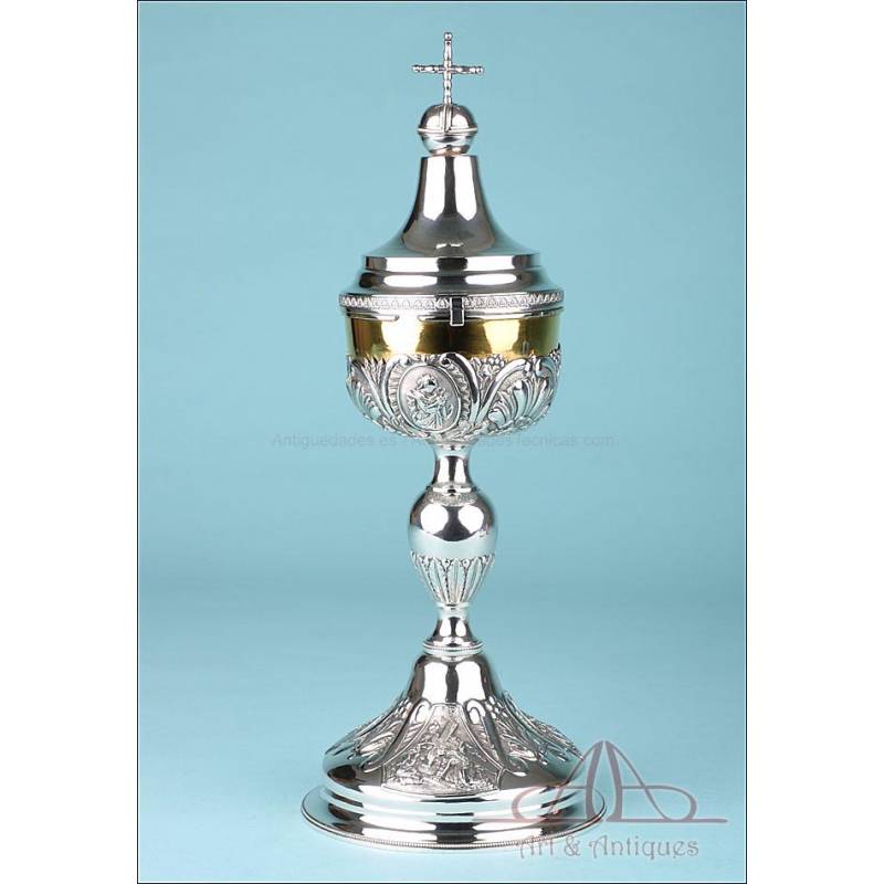 Big-Sized Antique Silver Ciborium with Scenes. 16 in. Belgium, 1831-1868