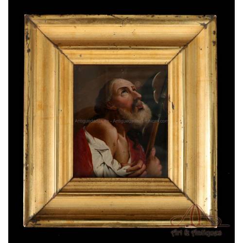 Antigua pintura devocional italiana en vidrio de San Simón el Zelote ca. 1800