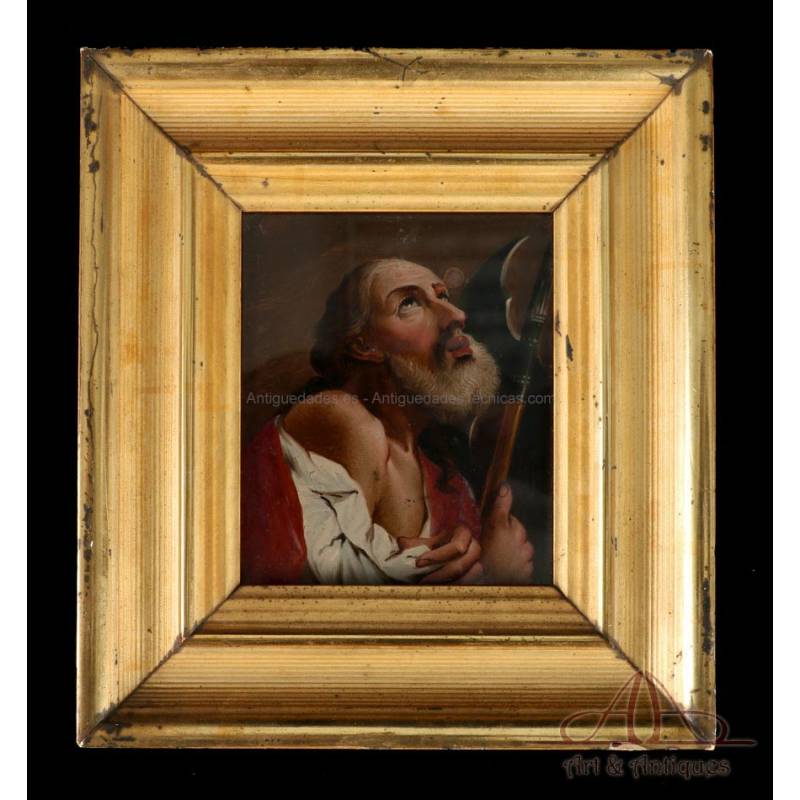 Antique Italian Vitela Painting on glass of Saint Simon the Zealot ca. 1800