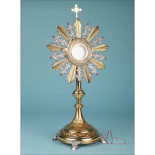 Antique Gilt Metal and Alpaca Monstrance. Spain, Circa 1950