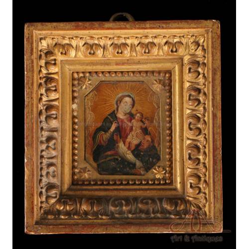 Antique Italian painting on copper, 17th c. Virgin of the Rosary and Saint Dominic