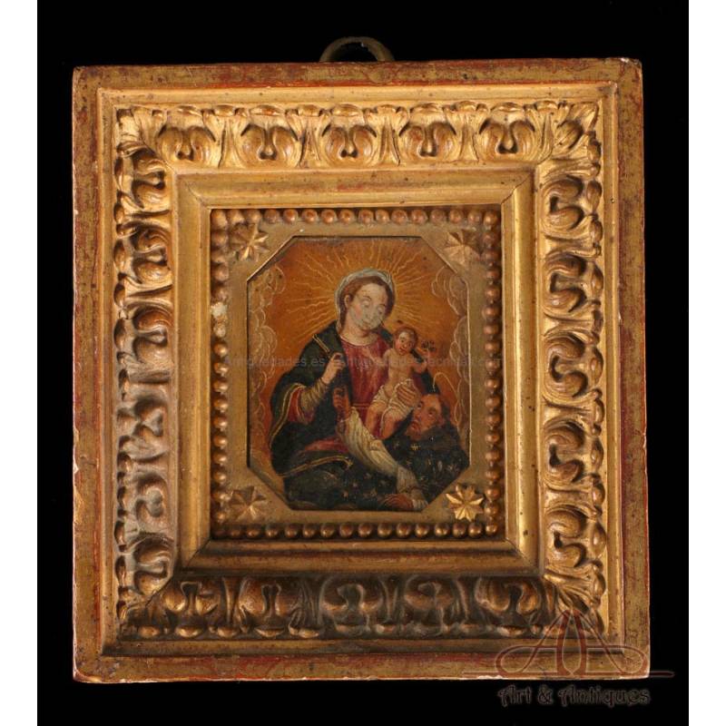 Antigua pintura italiana del siglo XVII en cobre. Virgen del Rosario y Santo Domingo