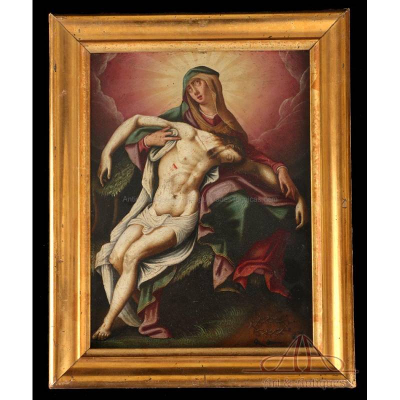 Virgen María con su Hijo Jesús en Brazos. Óleo sobre Cobre. Escuela Italiana, S. XVII