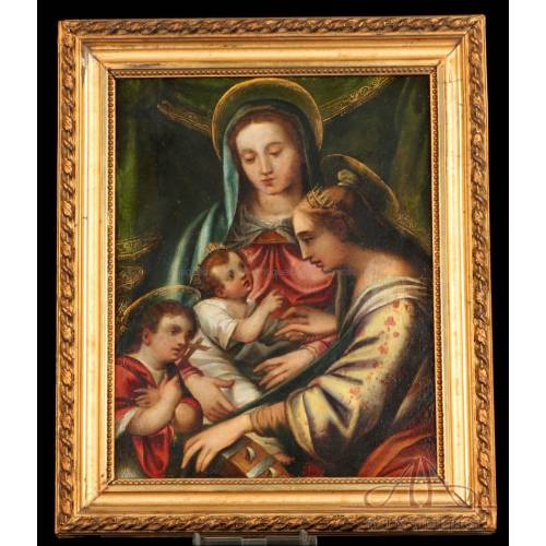 Antiguo óleo italiano. Virgen, Niño Jesús, Santa Isabel y San Juanito. siglo XVII