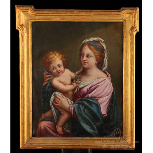 Antigua Virgen con el Niño Jesús, óleo sobre cobre italiano, siglo XVII