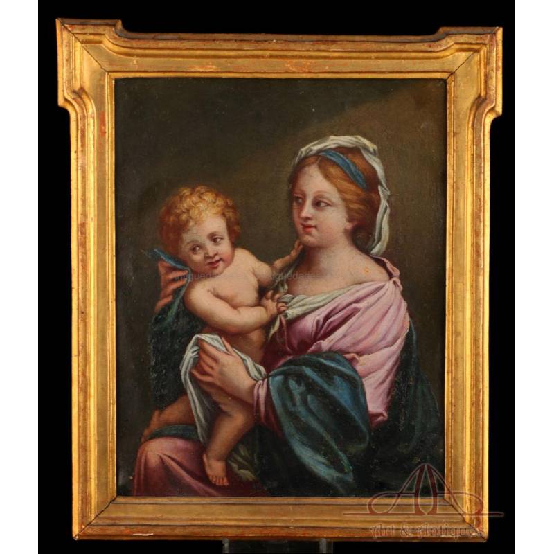 Antigua Virgen con el Niño Jesús, óleo sobre cobre italiano, siglo XVII