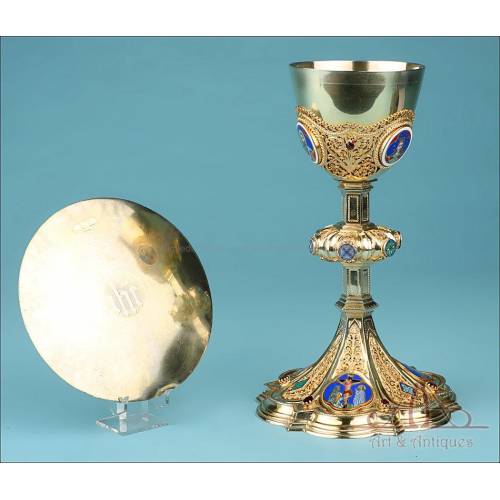 Spectacular Antique Gilt-Silver Chalice with Enamels and Precious Stones. France, 1870