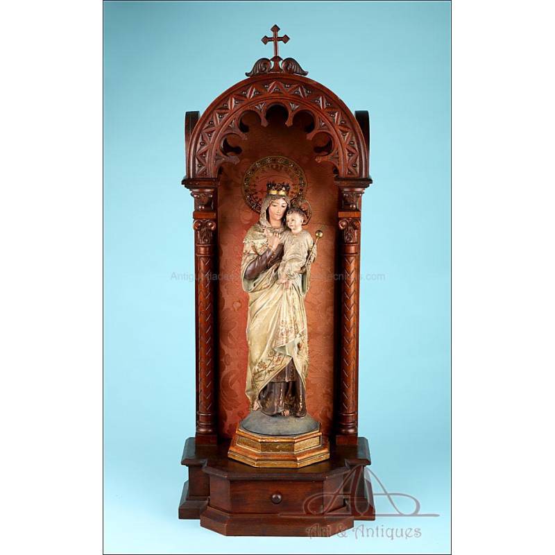 Gorgeous Antique Wood Sculpture of the Madonna and Child. Spain, Circa 1900