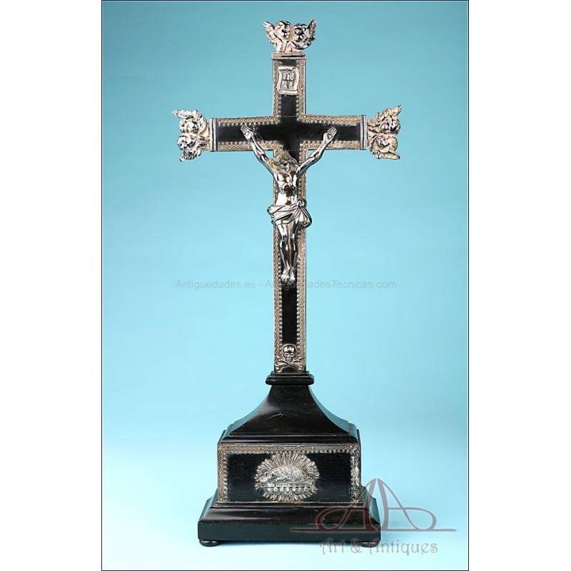 Antique Ebony and Silver Crucifix. Lier, Belgium. 19th Century