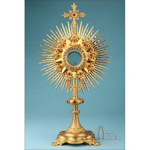 Gorgeous Antique Bejeweled Gilt Metal Monstrance. France, Circa 1900