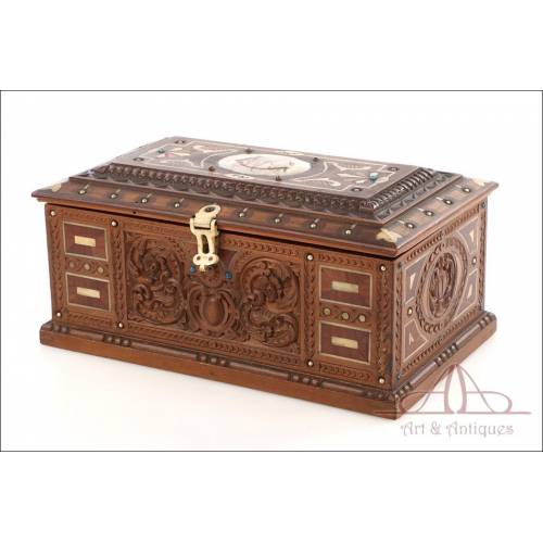 Antique Hand-Carved Chest or Jewelry Box. Spain, Dated 1926