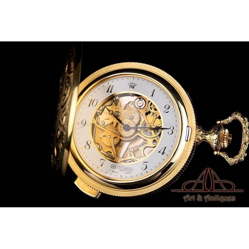 Reloj de Bolsillo Vintage Nicolet N. Oro de 18K. Sonería de 5 minutos. Suiza, Circa 1960