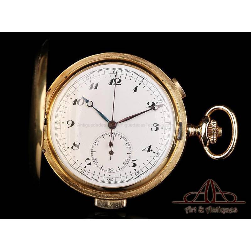 Reloj de Bolsillo Antiguo de Oro de 18K. Sonería a Minutos y Cronómetro. Suiza, Circa 1900