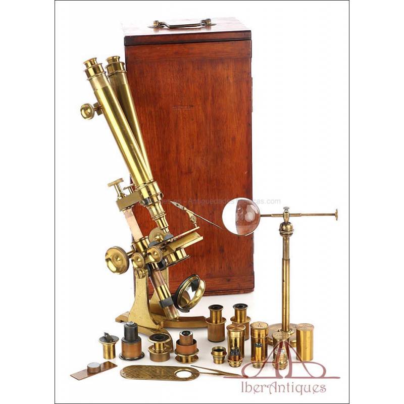 Extraordinario Microscopio Binocular Antiguo. Súper Completo. Inglaterra, Circa 1880