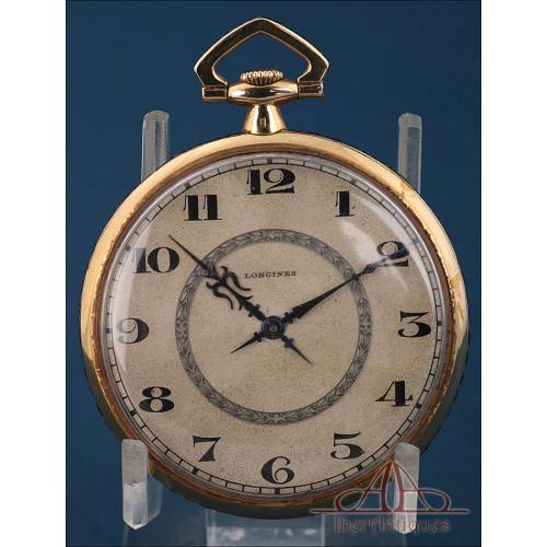 Antiguo Reloj de Bolsillo Longines Ultrafino. Oro 18K y Zafiros. Suiza, Circa 1930