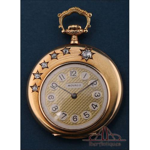 Antiguo Reloj de Bolsillo Ultrafino Movado. Oro de 18K y Diamantes. Suiza, Circa 1930
