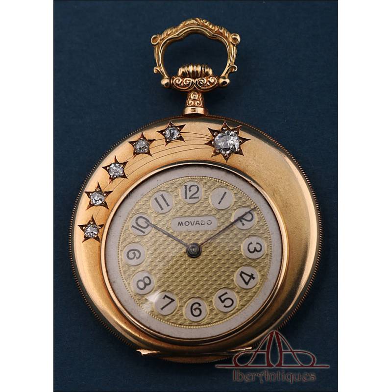 Antique Ultrafine Movado Pocket Watch. 18K Gold and Diamonds. Switzerland, Circa 1930