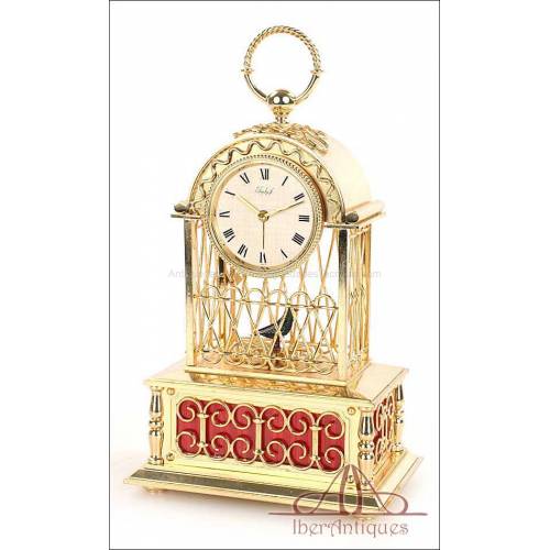 Raro Reloj de Sobremesa Imhof con Pájaro Cantor Autómata. Suiza, Años 60