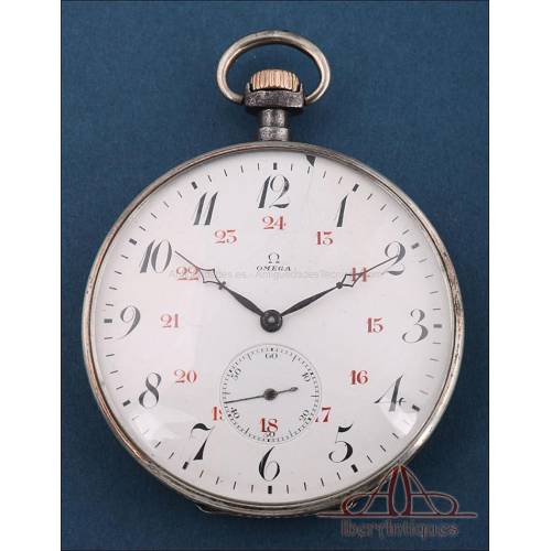 Antiguo Reloj de Bolsillo Omega en Acero Pavonado. Suiza, Circa 1920