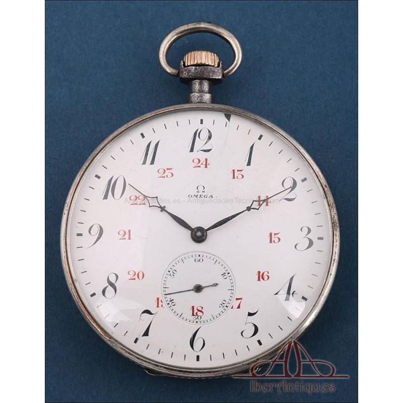 Antiguo Reloj de Bolsillo Omega en Acero Pavonado. Suiza, Circa 1920