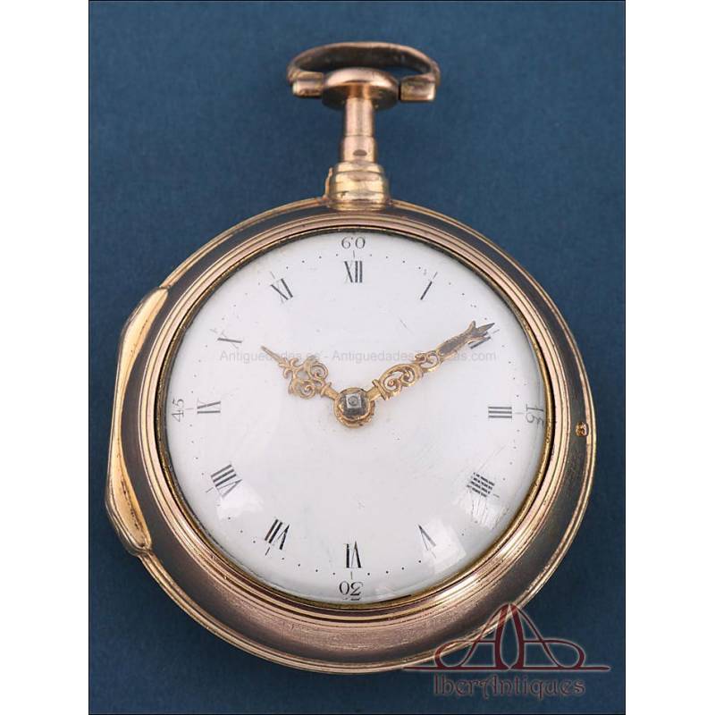 Antiguo Reloj de Bolsillo Catalino. 2 Cajas Metal Dorado. John Eiveu, Londres, 1789