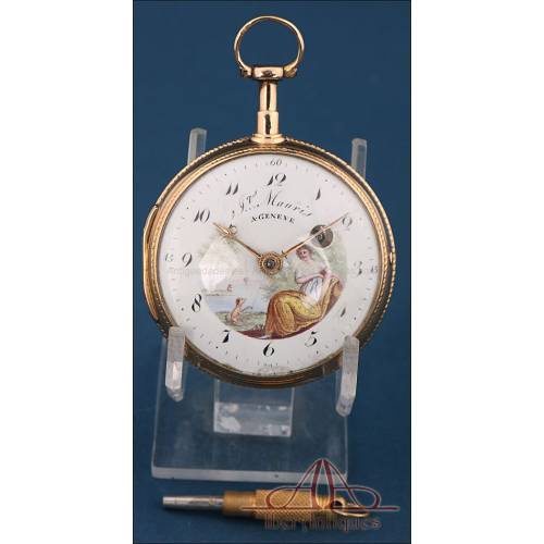 Antiguo Reloj de Bolsillo Catalino de Oro de 18 K. por JR Mauris. C. 1810, Ginebra, Suiza