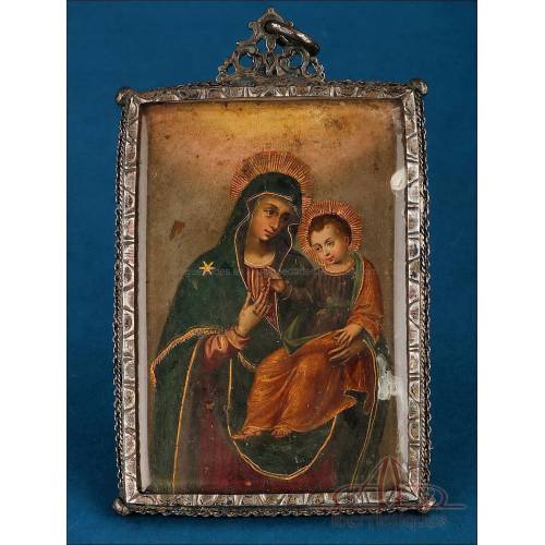 Antique Italian portable reliquary with double image in Silver Piece. 17th-18th C.