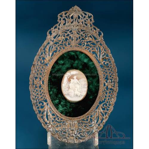 Antique Cameo in Metal-Plated Frame on Green Velvet, 19th Century
